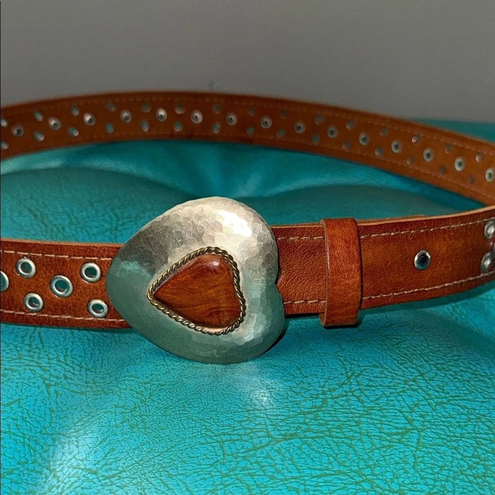 Chicos brown leather studded belt with hammered silver tone heart buckle M/L